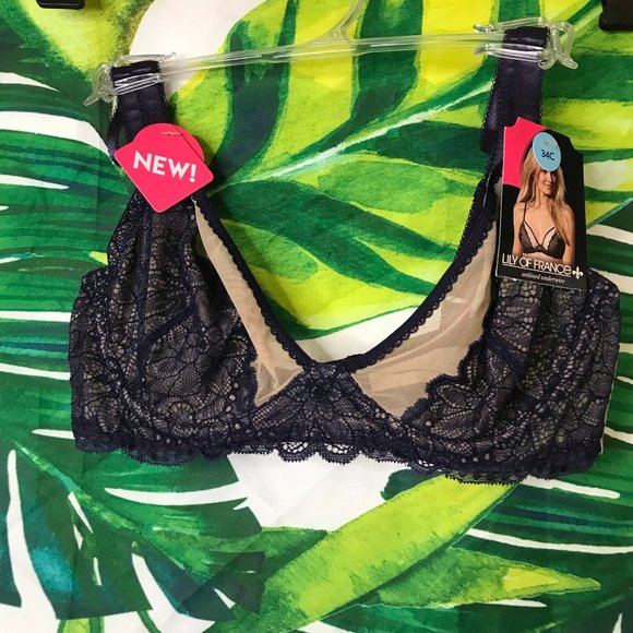 Lily of France Other - 2/$30 Lily of France 34C Navy Nude Sexy Unlined Lace Sheer Sultry Bra